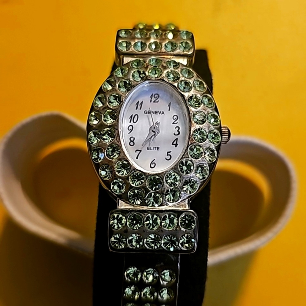 Vintage, Geneva Elite Designer Cuff Watch, Green Apple Color Rhinestones